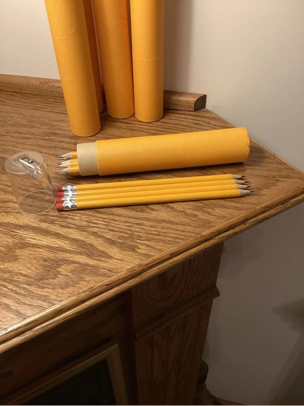 Yellow Wood Pencil Set in Cylindrical Tube with pencil sharpener On Top